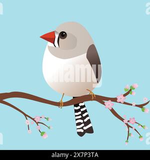 Ein sehr süßer weiblicher zebrafinkenvogel in Form eines Eies. Blauer Hintergrund. Der Vogel sitzt auf einem Zweig mit rosa Blüten Stock Vektor