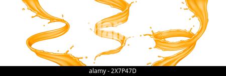Orangensaft Spritzen Wirbel realistische Vektor-Illustration Set. Bewegliche Ströme erfrischender Fruchtgetränk bewegen 3D-Objekte auf weißem Hintergrund Stock Vektor