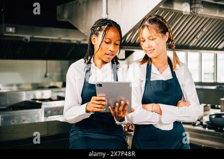 In einer professionellen Restaurantküche diskutieren zwei berühmte Köche über Video-Blogs mit einem Tablet. Modern Stockfoto