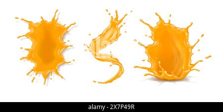 Zitrusfruchtsaft Spritzer realistische Vektor-Illustration Set. Gesundes natürliches Getränk spritzt mit Tropfen 3D-Objekten auf weißem Hintergrund Stock Vektor