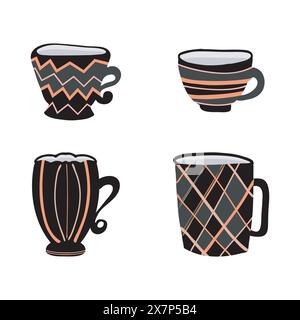 Clip-Art-Set für die Silhouette der Tasse. Doodle-Symbol, handgezeichnete dekorative Strichlinie, flaches Design mit schwarzem rosa Streifen. Verschiedene isolierte Elemente Stock Vektor