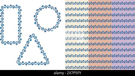 Rahmen, Rahmenbesatz, nahtloses Sea Wave Muster. Handgezeichneter Pinsel mit kräftiger Wasserwellenlinie, marineblauer Farbe Stock Vektor