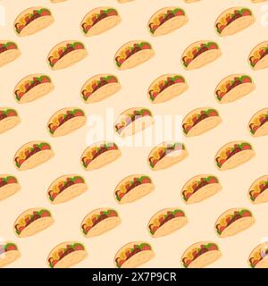 Nahtloses Tacos-Muster. Mexikanisches Fast Food, endloser Hintergrund. Gegrilltes Rindfleisch mit Gemüse-Sandwich, wiederholte Abdeckung. Taco Snack Loop Ornament. Vektor flach Stock Vektor