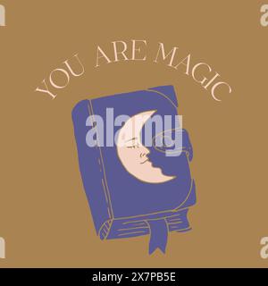 Mystisches Zitat You Are Magic mit handgezeichnetem Doodle Grimoire Buch Stock Vektor