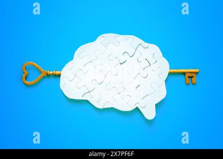 Der Schlüssel wurde in ein menschliches Gehirnpuzzle gesteckt, vor einem ruhigen blauen Hintergrund. Erschließung intellektueller Potenziale. Stockfoto