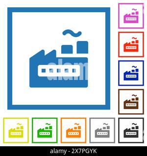 Einfarbige, flache Farbsymbole in quadratischen Rahmen auf weißem Hintergrund im Fabrikgebäude Stock Vektor