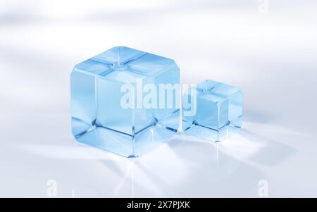 Glaswürfel mit hellem heller Hintergrund, 3D-Rendering. 3D-Abbildung. Stockfoto