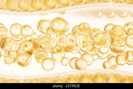 Hautzelle mit goldener flüssiger Ölblase, 3D-Rendering. 3D-Abbildung. Stockfoto