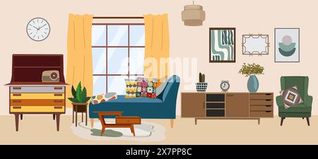 Moderne Wohnzimmereinrichtung im Retro-Stil der Mitte des Jahrhunderts Stock Vektor