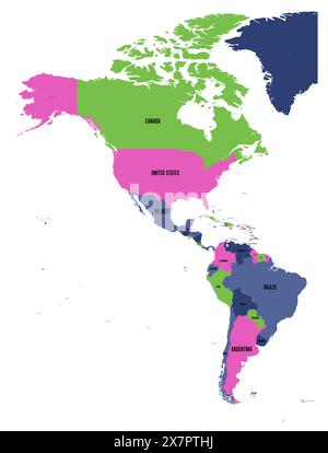 Politische Karte Amerikas in vier Farben auf weißem Hintergrund. Nord- und Südamerika mit Länderkennzeichnungen. Einfache Illustration des flachen Vektors. Stock Vektor