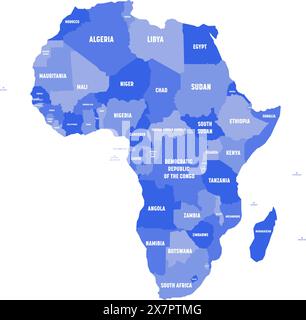 Politische Karte Afrikas in vier Blautönen mit weißen Ländernamen auf weißem Hintergrund. Vektorabbildung. Stock Vektor