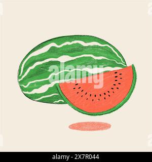 Farbige Illustration einer ganzen Wassermelone und eines in Scheiben geschnittenen Stücks mit sichtbaren Samen auf hellem Hintergrund. Stockfoto