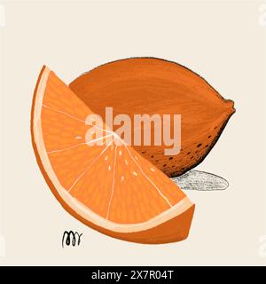 Neben der strukturierten Schale befindet sich eine illustrierte Orangenscheibe mit leuchtenden Orangetönen und einer detaillierten, künstlerischen Darstellung vor einem neutralen Hintergrund Stockfoto