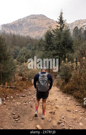 Ein Wanderer mit Rucksack begibt sich auf eine Trainingswanderung auf einem felsigen Bergpfad, der von Wald und trübem Himmel umgeben ist Stockfoto