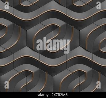 Geometrisches nahtloses 3D-Muster in Schwarz mit goldenen Elementen. Serie signieren. 3D-Abbildung. Stockfoto