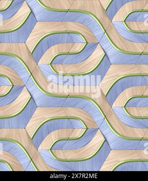 Ein abstraktes geometrisches nahtloses 3D-Muster mit Holzstruktur, perfekt für Hintergründe oder Tapeten. Stockfoto