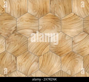 Ein hochauflösendes Bild mit einem Muster nahtloser sechseckiger Holzfliesen, geeignet für Hintergründe oder Texturen in verschiedenen Designprojekten. Stockfoto