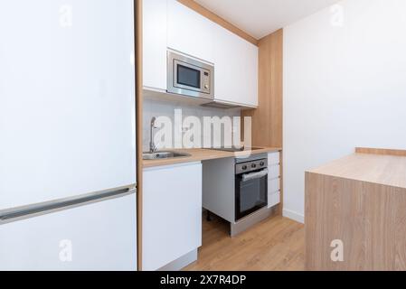 Eine gut beleuchtete, moderne Küche in einem leeren Apartment mit einem sauberen Design mit weißen Schränken, Holzakzenten und Edelstahlgeräten. Stockfoto