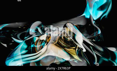Ein beeindruckendes digitales Kunstwerk mit fließenden 3D-Glasformen mit leuchtenden Reflexionen vor schwarzem Hintergrund Stockfoto