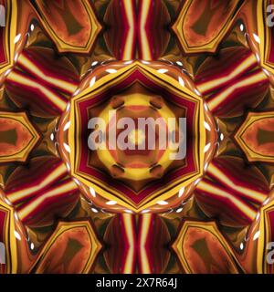 Eine digitale Illustration eines symmetrischen, von Kaleidoskop inspirierten Musters mit einer eindrucksvollen Kombination aus leuchtenden Rot-, Gold- und Brauntönen. Stockfoto