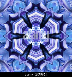 Dieses Bild zeigt ein symmetrisches Kaleidoskop-Muster mit einer atemberaubenden Mischung aus Blau- und Violetttönen, die ein hypnotisches, geometrisches Design schaffen, das perfekt für Sie ist Stockfoto