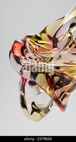 Ein digital erstelltes Bild, das eine abstrakte 3D-Form mit leuchtenden, glasähnlichen Reflexionen vor weißem Hintergrund zeigt Stockfoto