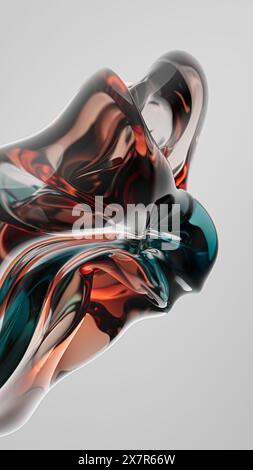 Ein dynamisches abstraktes Bild, das 3D-Glasreflexionen mit einer Mischung aus warmen und kühlen Tönen auf weißem Hintergrund zeigt Stockfoto