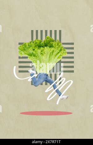 Exklusive Zeitschriftenbilder-Collage-Bild von Salatblatt springenden Männerbeinen isolierter kreativer Hintergrund Stockfoto