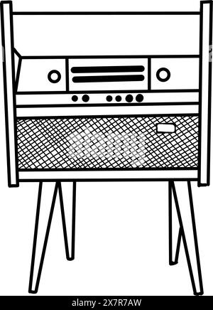 Geräte und Geräte zur Wiedergabe von Musik von Kassetten und Schallplatten. Radiola an den Beinen. Vintage-Musik-Player. Vektorillustration, handgezeichnet Stock Vektor