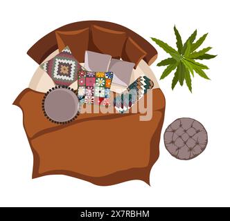 Rundes Bett mit bunten handgemachten Kissen Stock Vektor