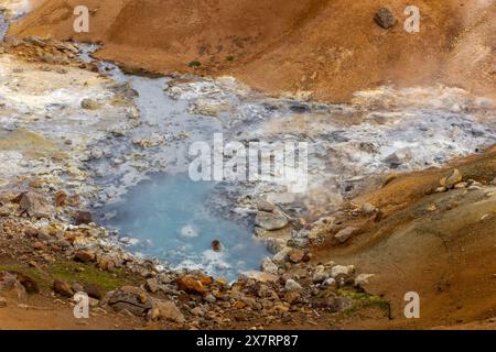 Dampfende heiße Quellen im Geothermalgebiet Seltun in Krysuvik mit orangefarbenen Schwefelböden, Island. Stockfoto