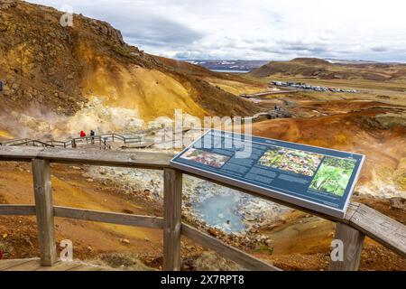 Krysuvik, Island, 14.05.22. Touristeninformationstafel auf einer Aussichtsplattform im Geothermiegebiet Seltun in Krysuvik mit heißen Quellen. Stockfoto