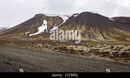 Reykjanes Halbinsel Landschaft mit rauen vulkanischen Bergen bedeckt mit Schnee, Lavafeldern und schwarzem Schotterweg. Stockfoto