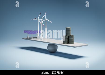 Erneuerbare Energien im Vergleich zu fossilen Energiekonzepten. Solarpaneele und Windmühlen, die gegen Ölfässer ausbalancieren. Nahtloser Hintergrund Stockfoto