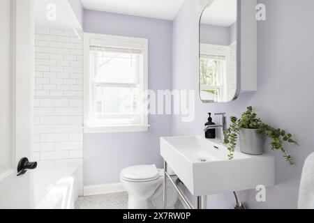 Ein Badezimmer mit Waschbecken in der Dusche, violetten Wänden und einer Dusche mit U-Bahn-Fliesen. Stockfoto