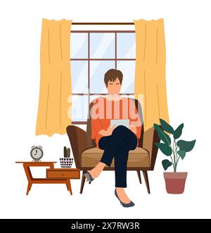 Eine Frau sitzt auf einem Stuhl und liest ein Buch Stock Vektor