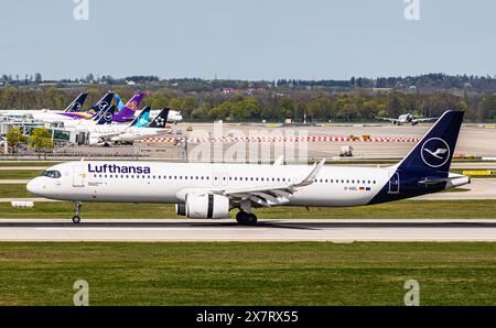 München, 6. April 2024: Ein Lufthansa Airbus A321-271NX landet auf der Start- und Landebahn am Flughafen München. Registrierung D-AIEL. (Foto: Andreas Haas/dieBil Stockfoto