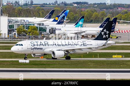 München, 6. April 2024: Ein Lufthansa Airbus A320-214 fährt mit dem Taxi zur Start- und Landebahn am Flughafen München. Das Flugzeug hat eine Star Alliance-Lackierung. (Foto von und Stockfoto