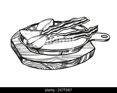 Hand gezeichnete Vektorskizze von gebackenen gebratenen Speckstreifen, gebratenen Kartoffelscheiben auf Eisenpfanne auf hölzernem Schneidebrett, schwarz-weiße Illustration, in Stock Vektor