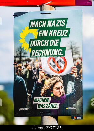 Lauchringen, Deutschland, 19. Mai 2024: Wahlplakat für die Europawahlen der Allianz 90/die Grünen. (Foto: Jonas Philippe/dieBildmanufa Stockfoto