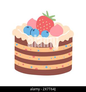 Geburtstagskuchen isoliert auf weiß. Flaches Zeichentrickdesign für Postkarten und Aufkleber, Geburtstagsfeier-Einladung Stock Vektor