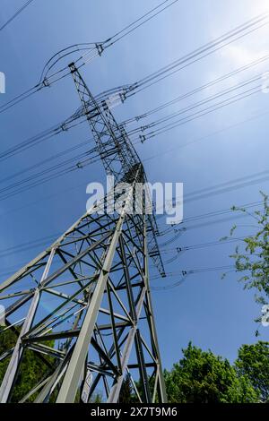 Die eleganten Linien eines Hochspannungs-Pylons schneiden sich durch den leuchtend blauen Himmel und fügen sich nahtlos in das umgebende Grün ein und repräsentieren den harmon Stockfoto