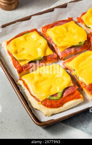 Italienische hausgemachte Pizzascheiben im Altoona-Stil mit Salami und amerikanischem Käse Stockfoto