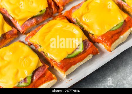 Italienische hausgemachte Pizzascheiben im Altoona-Stil mit Salami und amerikanischem Käse Stockfoto