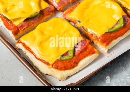 Italienische hausgemachte Pizzascheiben im Altoona-Stil mit Salami und amerikanischem Käse Stockfoto