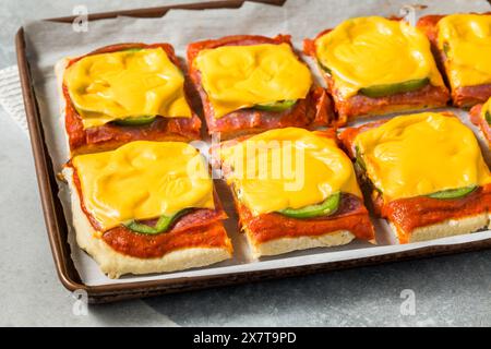 Italienische hausgemachte Pizzascheiben im Altoona-Stil mit Salami und amerikanischem Käse Stockfoto