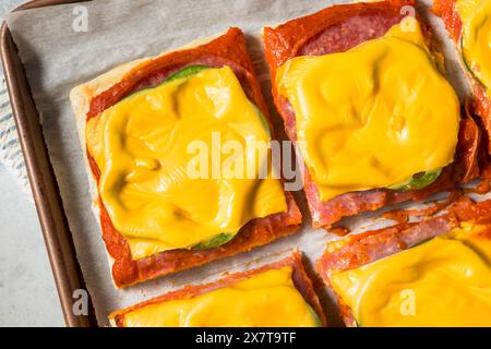 Italienische hausgemachte Pizzascheiben im Altoona-Stil mit Salami und amerikanischem Käse Stockfoto