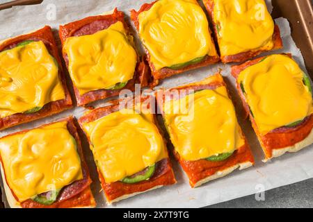 Italienische hausgemachte Pizzascheiben im Altoona-Stil mit Salami und amerikanischem Käse Stockfoto