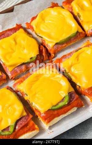 Italienische hausgemachte Pizzascheiben im Altoona-Stil mit Salami und amerikanischem Käse Stockfoto