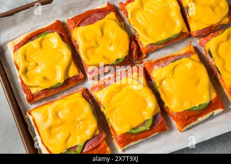 Italienische hausgemachte Pizzascheiben im Altoona-Stil mit Salami und amerikanischem Käse Stockfoto